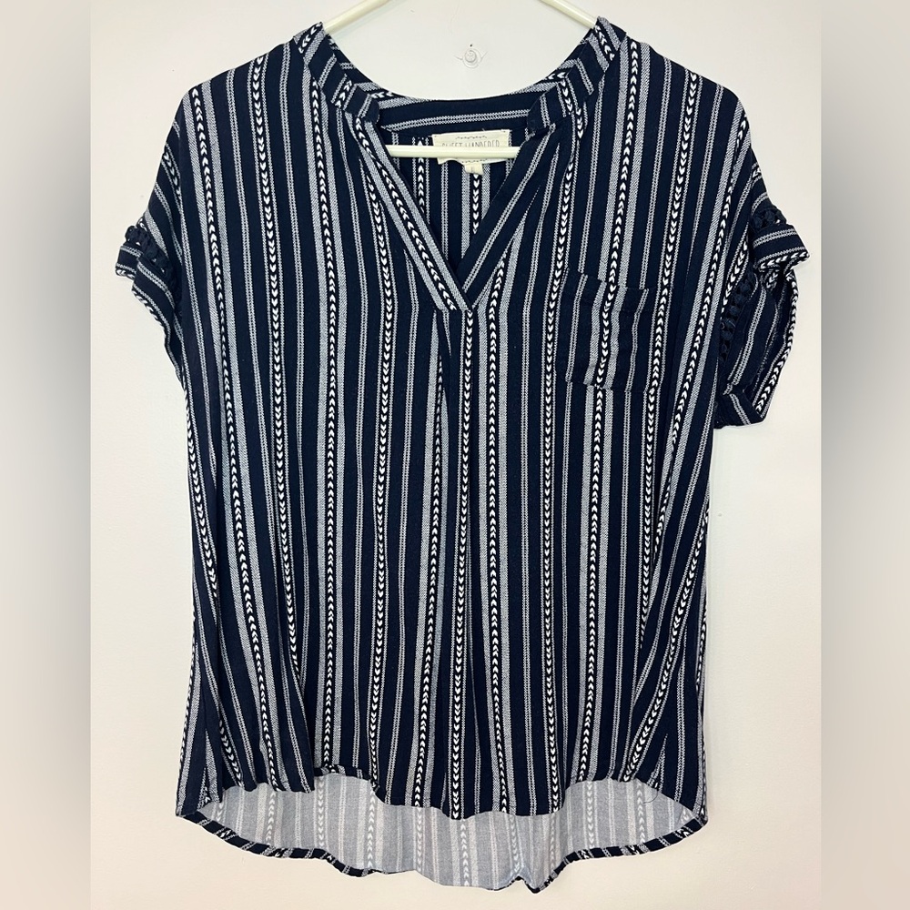 Sweet Wanderer XL Boho Striped Blouse Navy White Hi Low Flowy Top